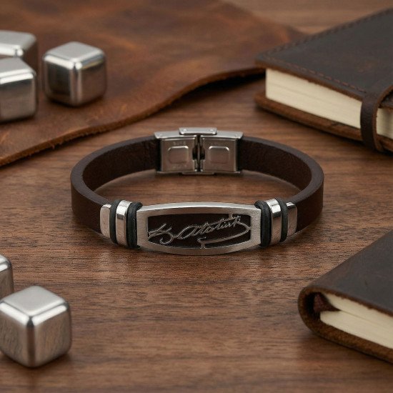 Kahverengi Deri Atatürk İmzalı Çelik Erkek Bileklik