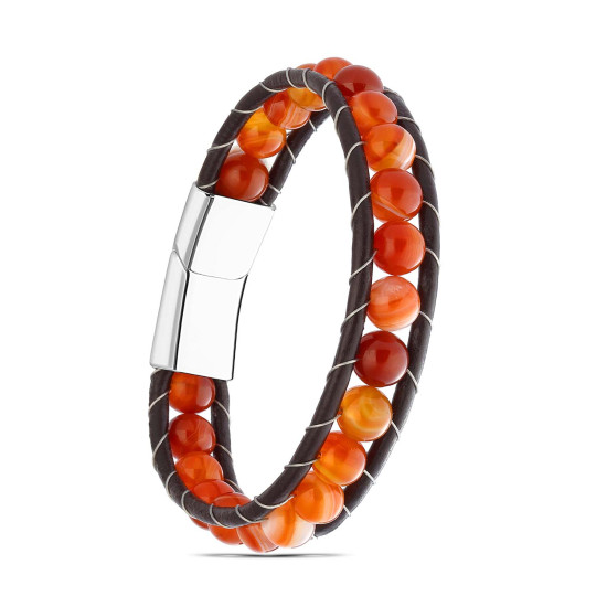 Kırmızı Akik Doğal Taşlı Deri Erkek Bileklik