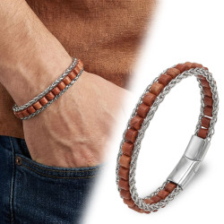 Kırmızı Jasper Doğal Taşlı Hasır Örgü Zincir Çelik Erkek Bileklik