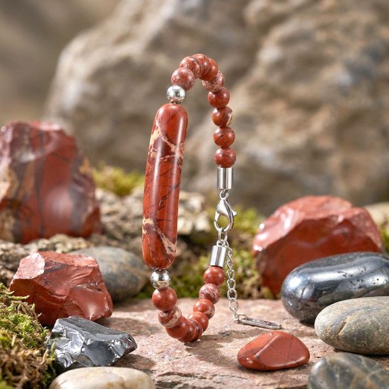 kırmızı jasper doğaltaşlı çelik klipsli bileklik kırmızı jasper taşlı çelik halat erkek bileklik