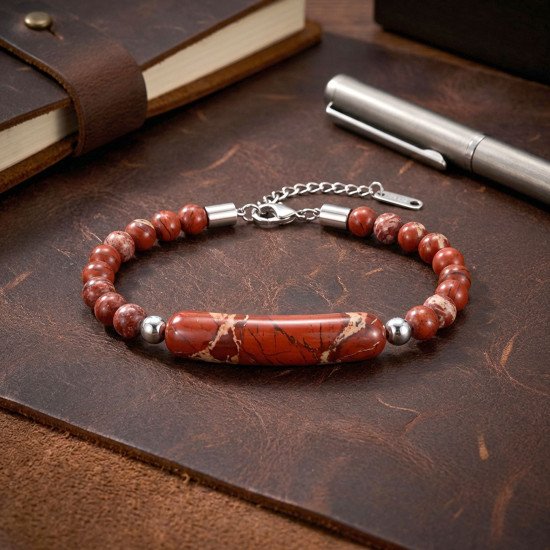 kırmızı jasper doğaltaşlı çelik klipsli bileklik kırmızı jasper taşlı çelik halat erkek bileklik