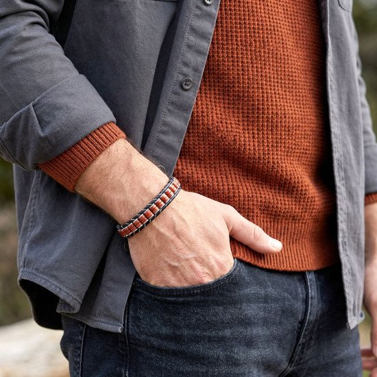 kırmızı jasper hematit çelik örgülü deri erkek bileklik