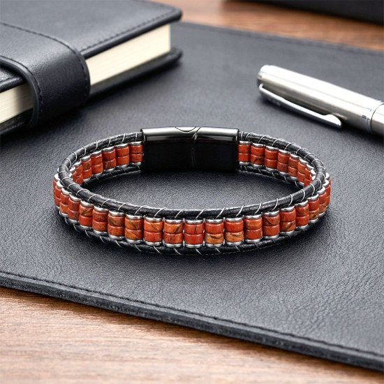 kırmızı jasper hematit çelik örgülü deri erkek bileklik