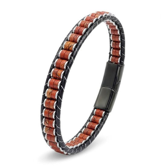 kırmızı jasper hematit çelik örgülü deri erkek bileklik