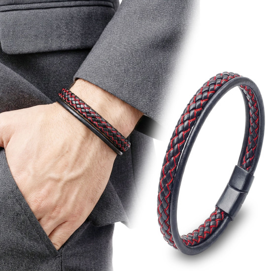 Kırmızı çoklu katmanlı doğal deri erkek bileklik