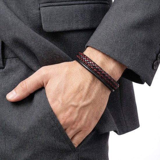 Kırmızı çoklu katmanlı doğal deri erkek bileklik