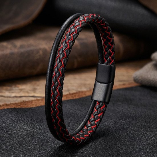 Kırmızı çoklu katmanlı doğal deri erkek bileklik