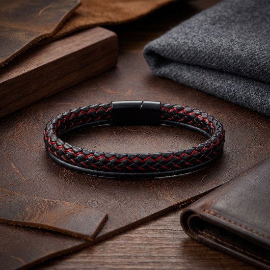 Kırmızı çoklu katmanlı doğal deri erkek bileklik