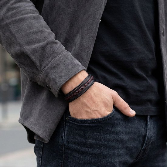 Kırmızı Siyah Çoklu Deri Erkek Bileklik