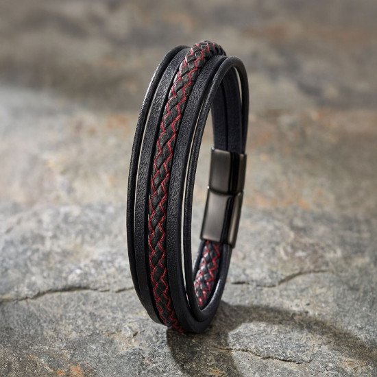 Kırmızı Siyah Çoklu Deri Erkek Bileklik