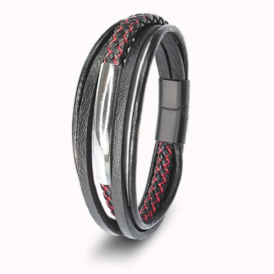 Siyah ve Kırmızı Çoklu Deri İsim Yazılabilir Erkek Bileklik