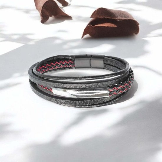 Siyah ve Kırmızı Çoklu Deri İsim Yazılabilir Erkek Bileklik