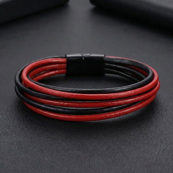 Kırmızı Siyah Çoklu Deri Erkek Bileklik