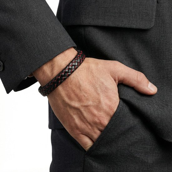 Kırmızı Siyah Deri Örgü Çelik Erkek Bileklik kırmızı siyah deri örgü çelik erkek bileklik