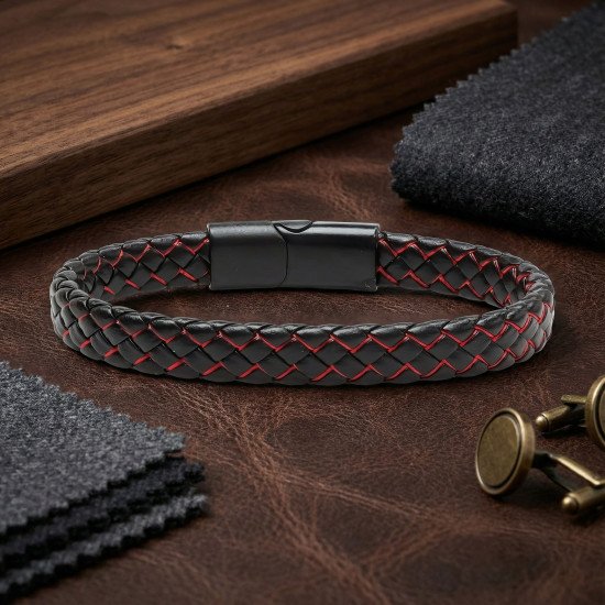 Kırmızı Siyah Deri Örgü Çelik Erkek Bileklik kırmızı siyah deri örgü çelik erkek bileklik