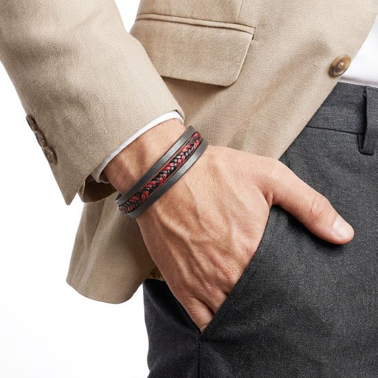 Kırmızı siyah saç örgü desenli deri ve çelik erkek bileklik
