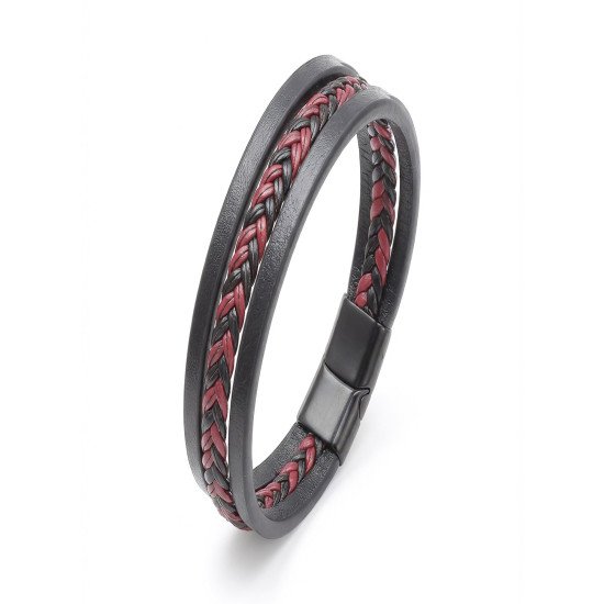 Kırmızı siyah saç örgü desenli deri ve çelik erkek bileklik