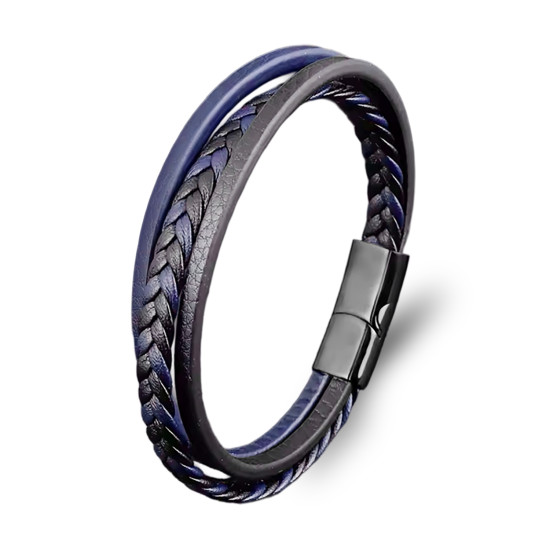 Lacivert Siyah Deri El Örgüsü Çelik Kilitli Erkek Bileklik