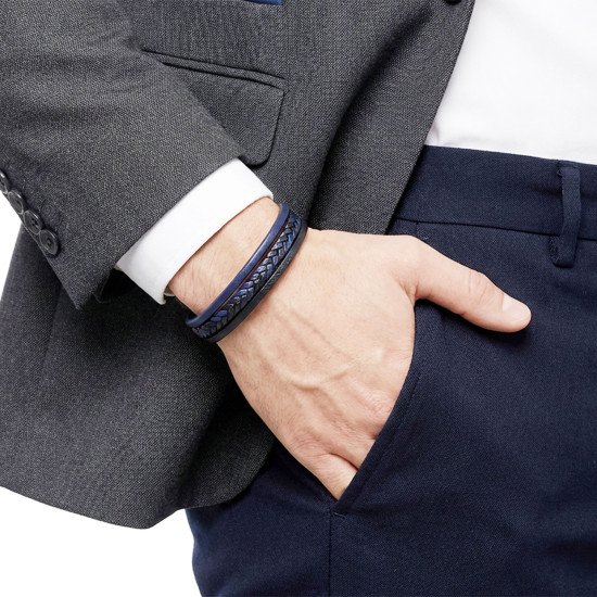 Lacivert Siyah Deri El Örgüsü Çelik Kilitli Erkek Bileklik