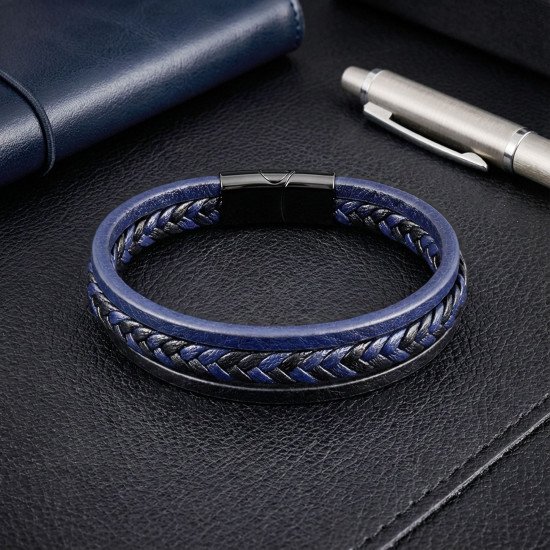 Lacivert Siyah Deri El Örgüsü Çelik Kilitli Erkek Bileklik
