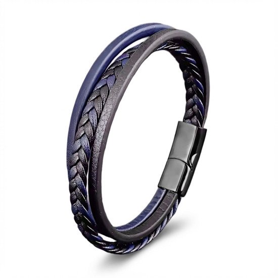 Lacivert Siyah Deri El Örgüsü Çelik Kilitli Erkek Bileklik