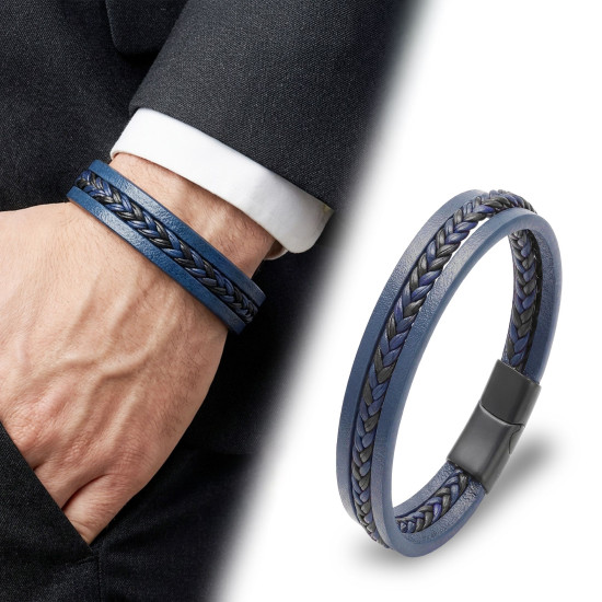 Lacivert Siyah El Örgüsü Deri Erkek Bileklik Lacivert Siyah El Örgüsü Deri Erkek Bileklik