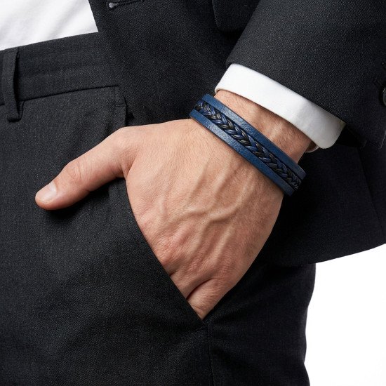 Lacivert Siyah El Örgüsü Deri Erkek Bileklik Lacivert Siyah El Örgüsü Deri Erkek Bileklik