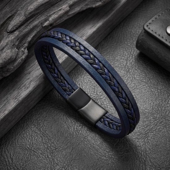 Lacivert Siyah El Örgüsü Deri Erkek Bileklik Lacivert Siyah El Örgüsü Deri Erkek Bileklik