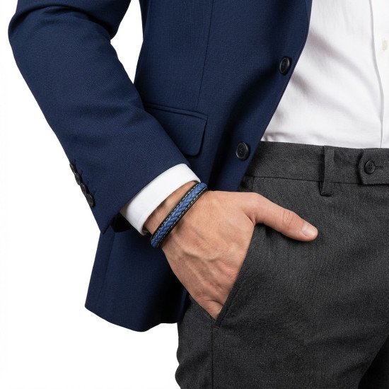 Lacivert ve Siyah El Örgüsü Detaylı Deri Erkek Bileklik