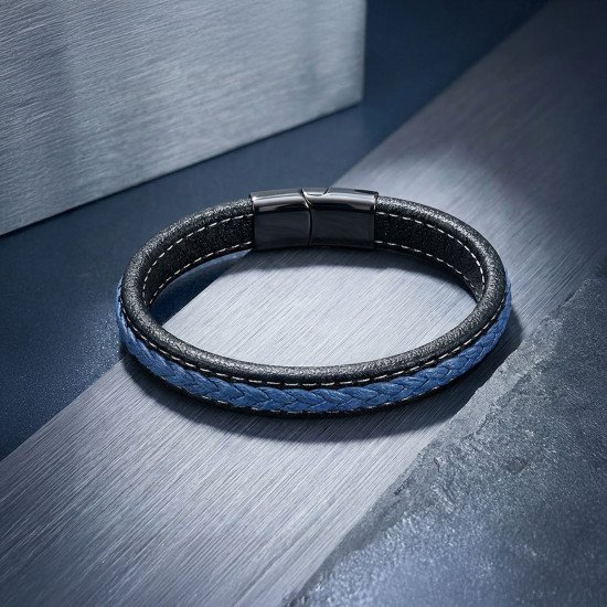 Lacivert ve Siyah El Örgüsü Detaylı Deri Erkek Bileklik
