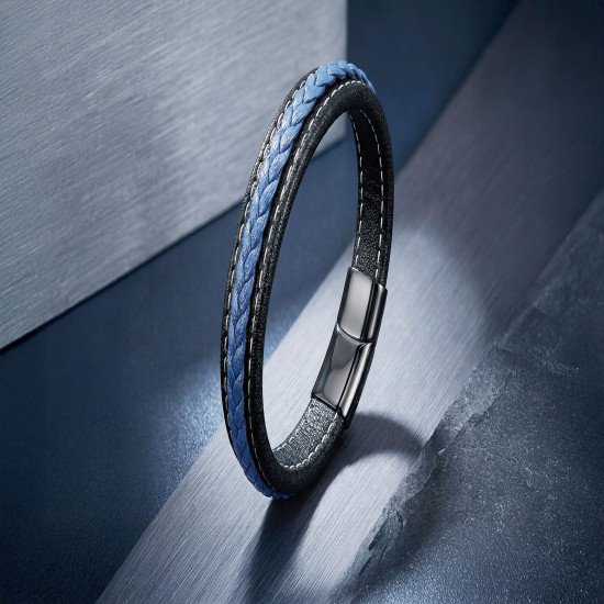 Lacivert ve Siyah El Örgüsü Detaylı Deri Erkek Bileklik