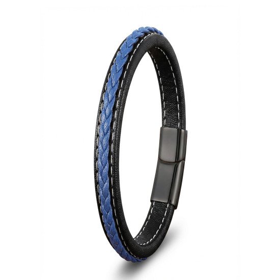 Lacivert ve Siyah El Örgüsü Detaylı Deri Erkek Bileklik