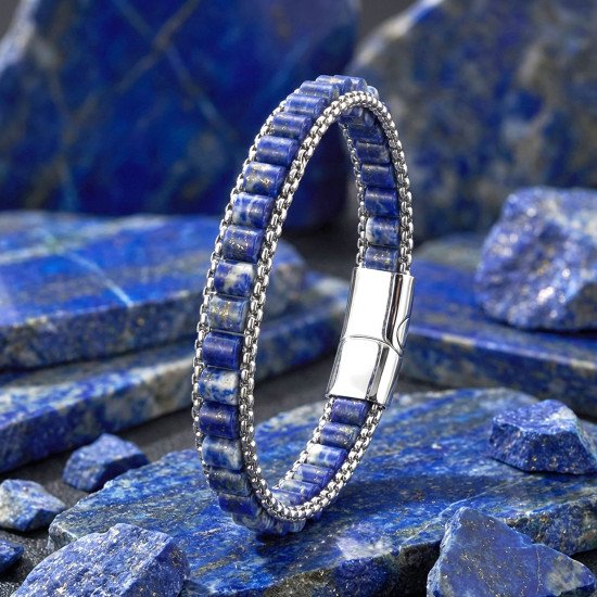 Lapis Doğal Taşlı Hasır Örgü Zincirli Erkek Çelik Bileklik