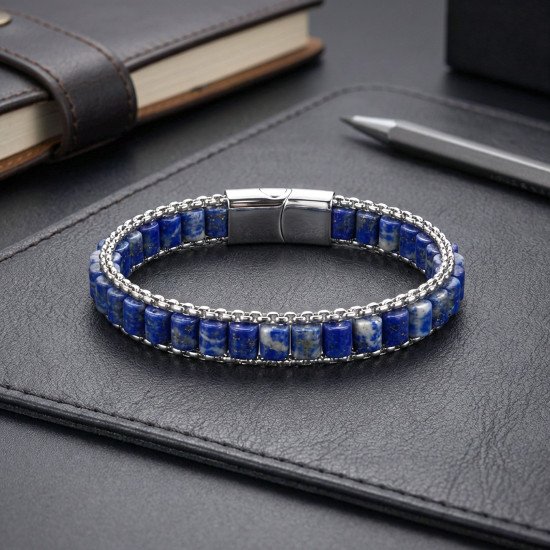 Lapis Doğal Taşlı Hasır Örgü Zincirli Erkek Çelik Bileklik