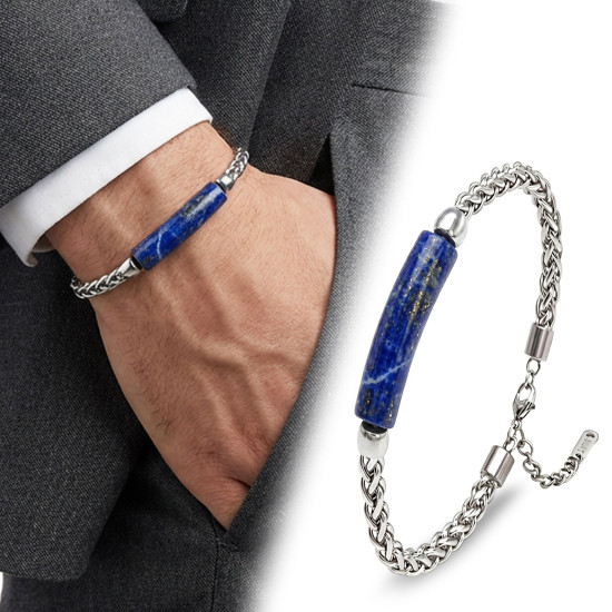 Lapis Lazuli Doğal Taşlı Ayarlanabilir Çelik Zincir Erkek Bileklik