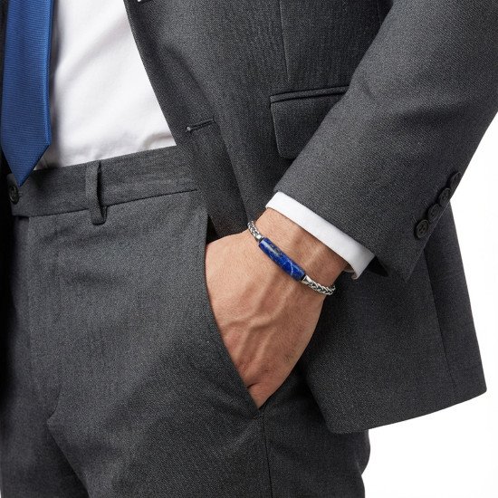 Lapis Lazuli Doğal Taşlı Ayarlanabilir Çelik Zincir Erkek Bileklik