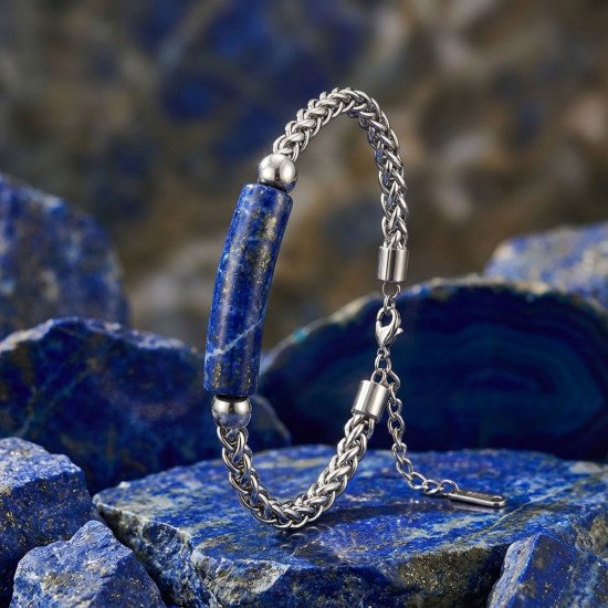 Lapis Lazuli Doğal Taşlı Ayarlanabilir Çelik Zincir Erkek Bileklik