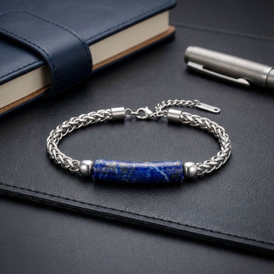 Lapis Lazuli Doğal Taşlı Ayarlanabilir Çelik Zincir Erkek Bileklik