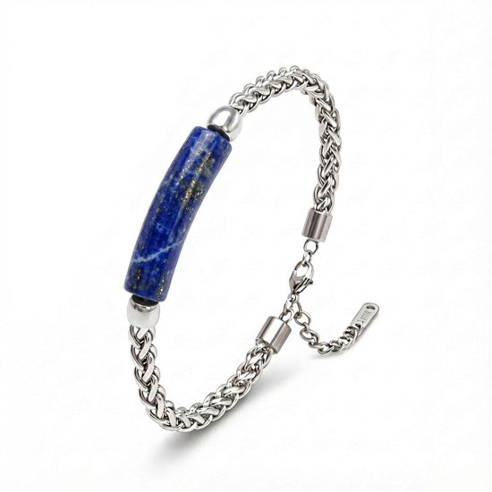 Lapis Lazuli Doğal Taşlı Ayarlanabilir Çelik Zincir Erkek Bileklik