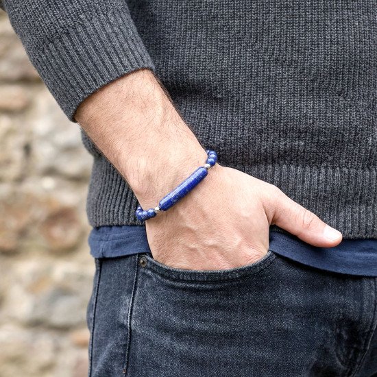 Lapis doğal taşlı maskülen çelik erkek bileklik Lapis doğaltaş ve çelik halat örgülü erkek bileklik