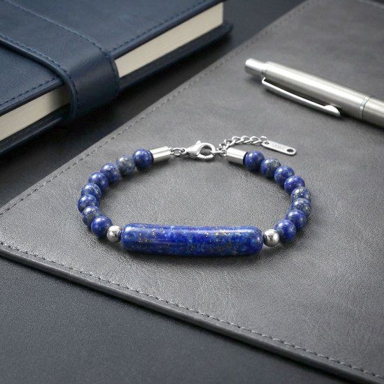 Lapis doğal taşlı maskülen çelik erkek bileklik Lapis doğaltaş ve çelik halat örgülü erkek bileklik