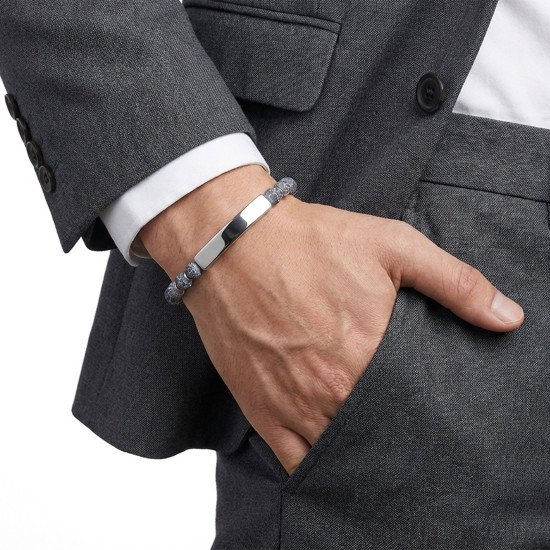 Mat akik taşlı gümüş ton isim yazılabilir erkek bileklik