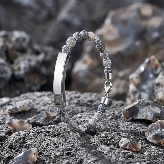 Mat akik taşlı gümüş ton isim yazılabilir erkek bileklik