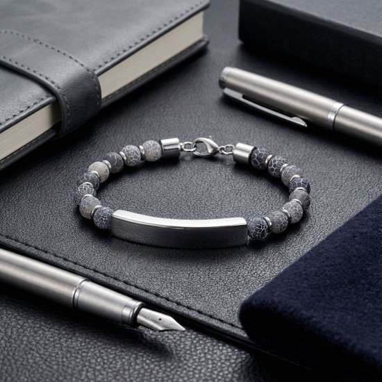 Mat akik taşlı gümüş ton isim yazılabilir erkek bileklik