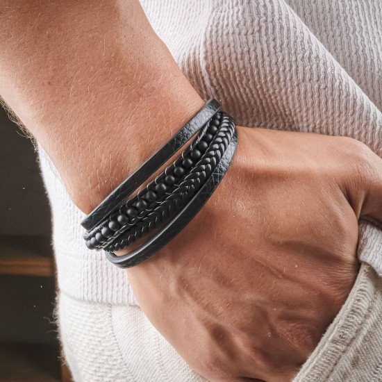 Mat oniks taşlı ve deri detaylı erkek bileklik