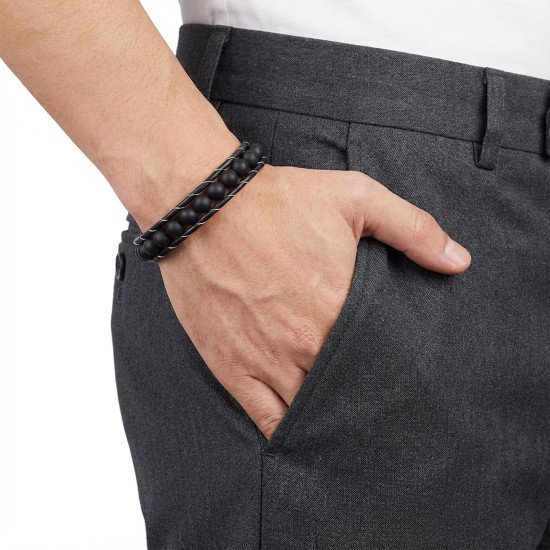 mat oniks taşlı örgü deri çelik erkek bileklik