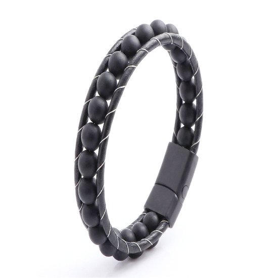 mat oniks taşlı örgü deri çelik erkek bileklik