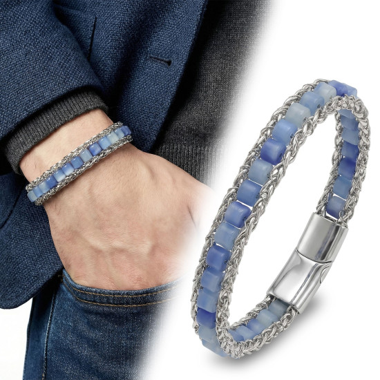 Mavi Aventurin Doğal Taşlı Hasır Örgü Zincir Çelik Erkek Bileklik Mavi Aventurin Doğal Taşlı Hasır Örgü Zincir Çelik Erkek Bileklik