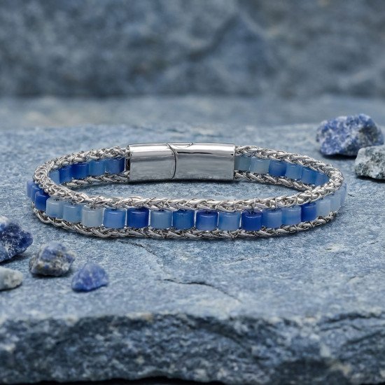 Mavi Aventurin Doğal Taşlı Hasır Örgü Zincir Çelik Erkek Bileklik Mavi Aventurin Doğal Taşlı Hasır Örgü Zincir Çelik Erkek Bileklik
