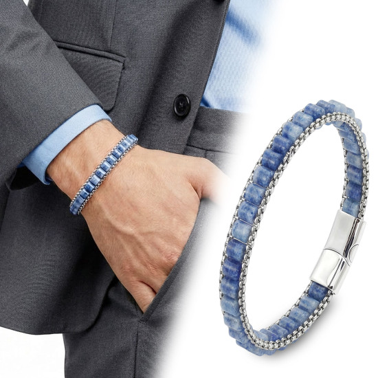 Mavi aventurin doğal taşlı hasır örgü zincirli erkek çelik bileklik